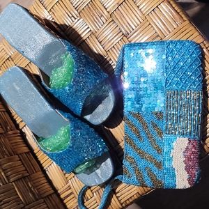 Boutique sequin handbag and matching Sandals with wooden heel
